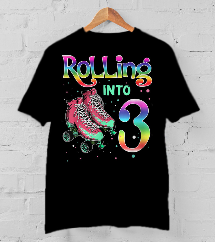 Rolling Into 3 Kids 3rd Birthday Roller Skates T-Shirt
