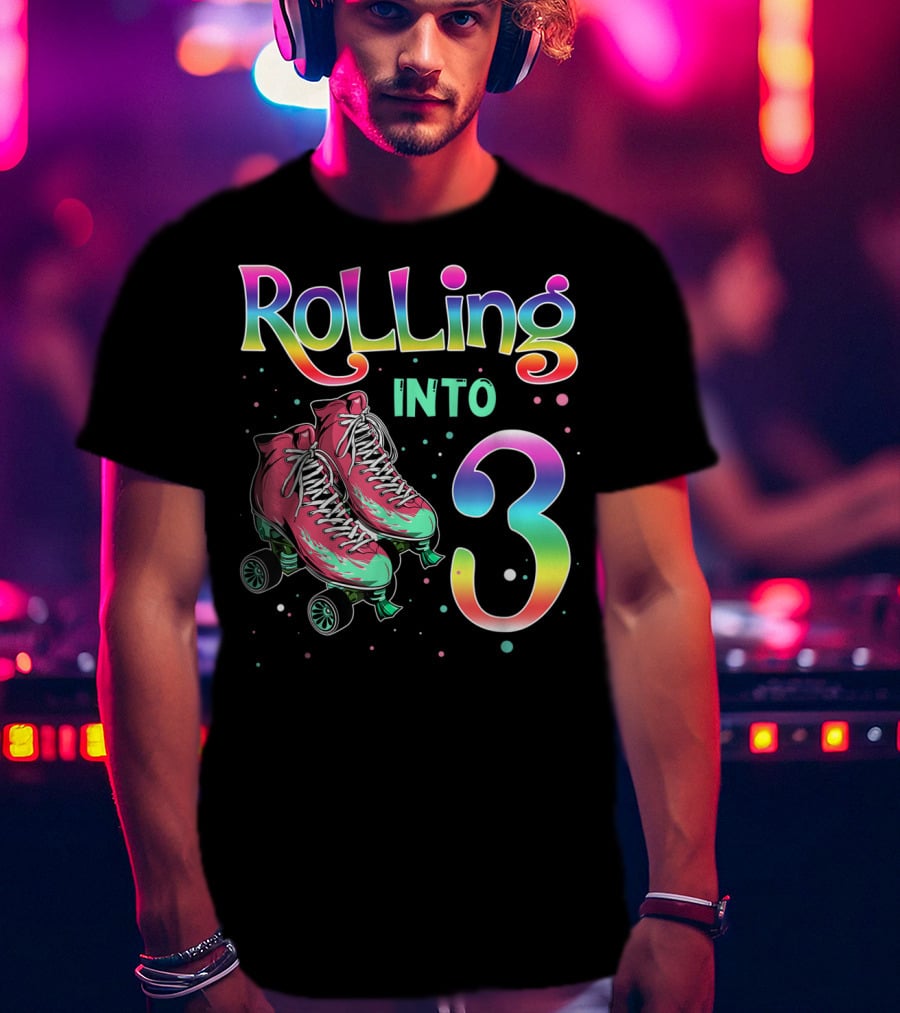 Rolling Into 3 Kids 3rd Birthday Roller Skates T-Shirt