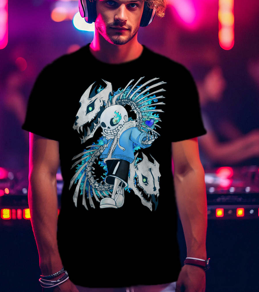 Sans Undertale Skeleton Flames Blue Heart Gaming Character T-Shirt