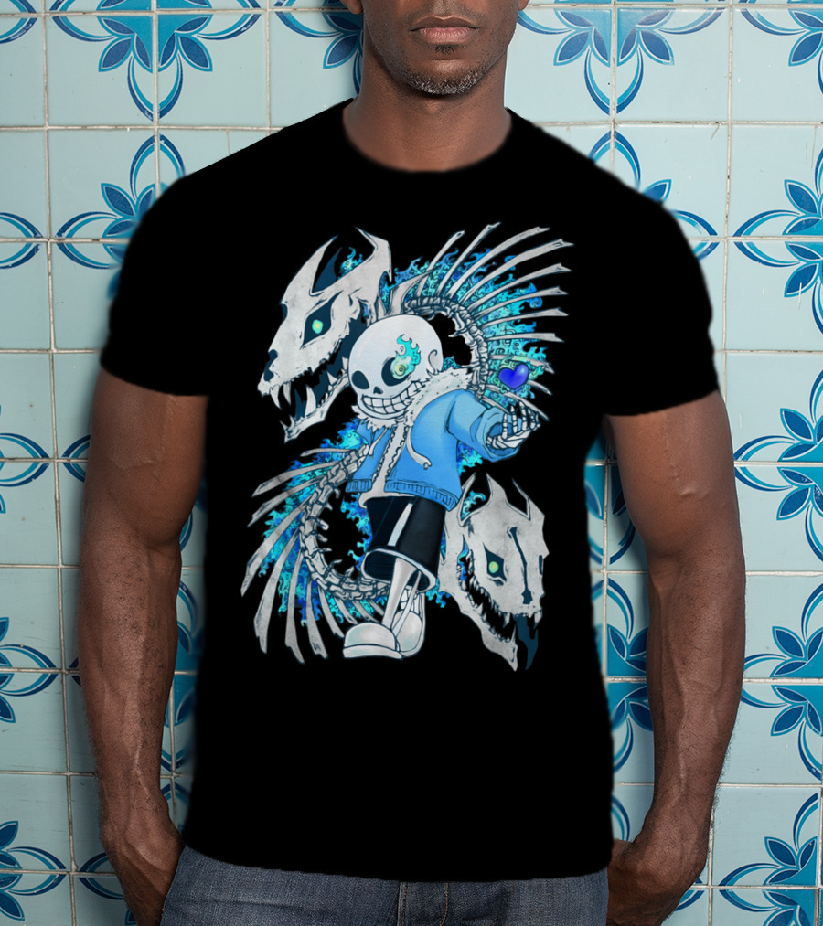Sans Undertale Skeleton Flames Blue Heart Gaming Character T-Shirt