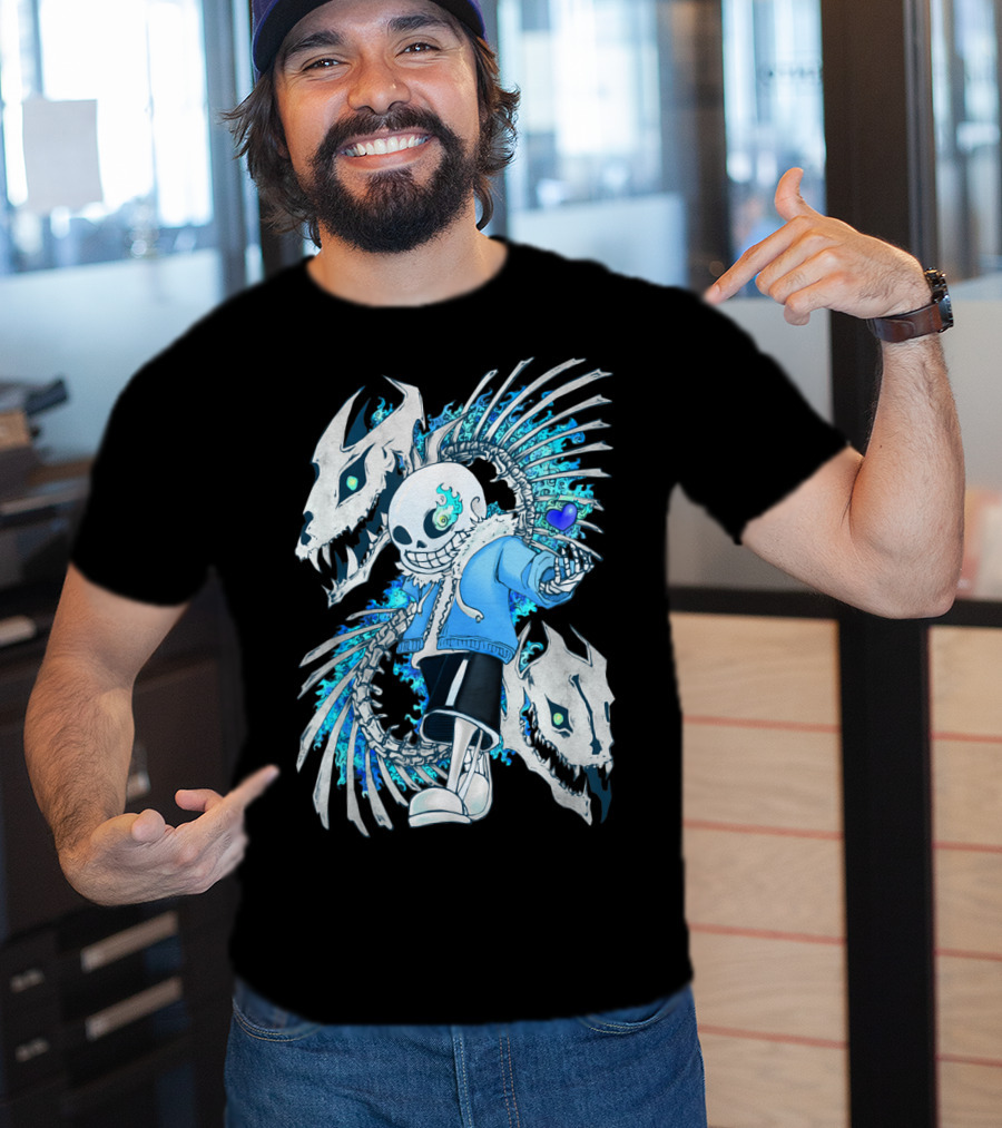 Sans Undertale Skeleton Flames Blue Heart Gaming Character T-Shirt