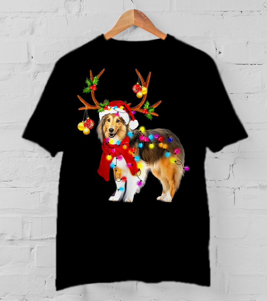 Christmas Sheltie Dog In Santa Hat With Reindeer Antlers And Colorful String Lights T-Shirt