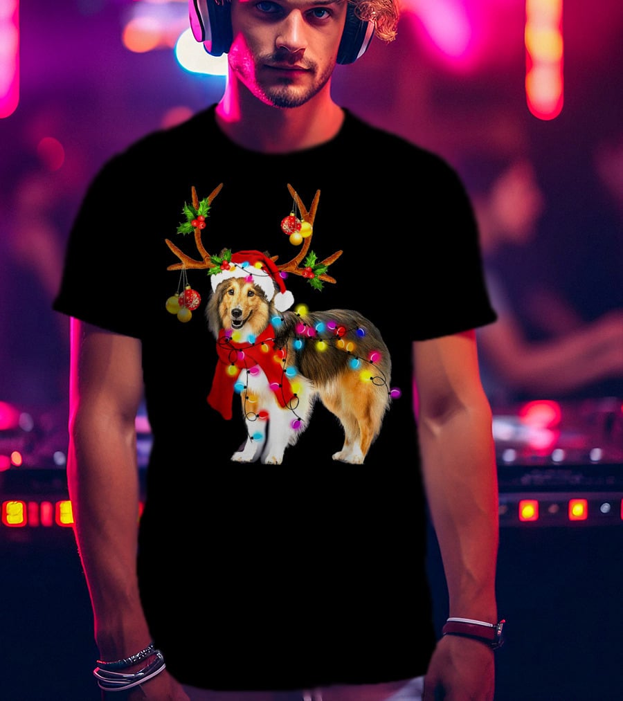 Christmas Sheltie Dog In Santa Hat With Reindeer Antlers And Colorful String Lights T-Shirt