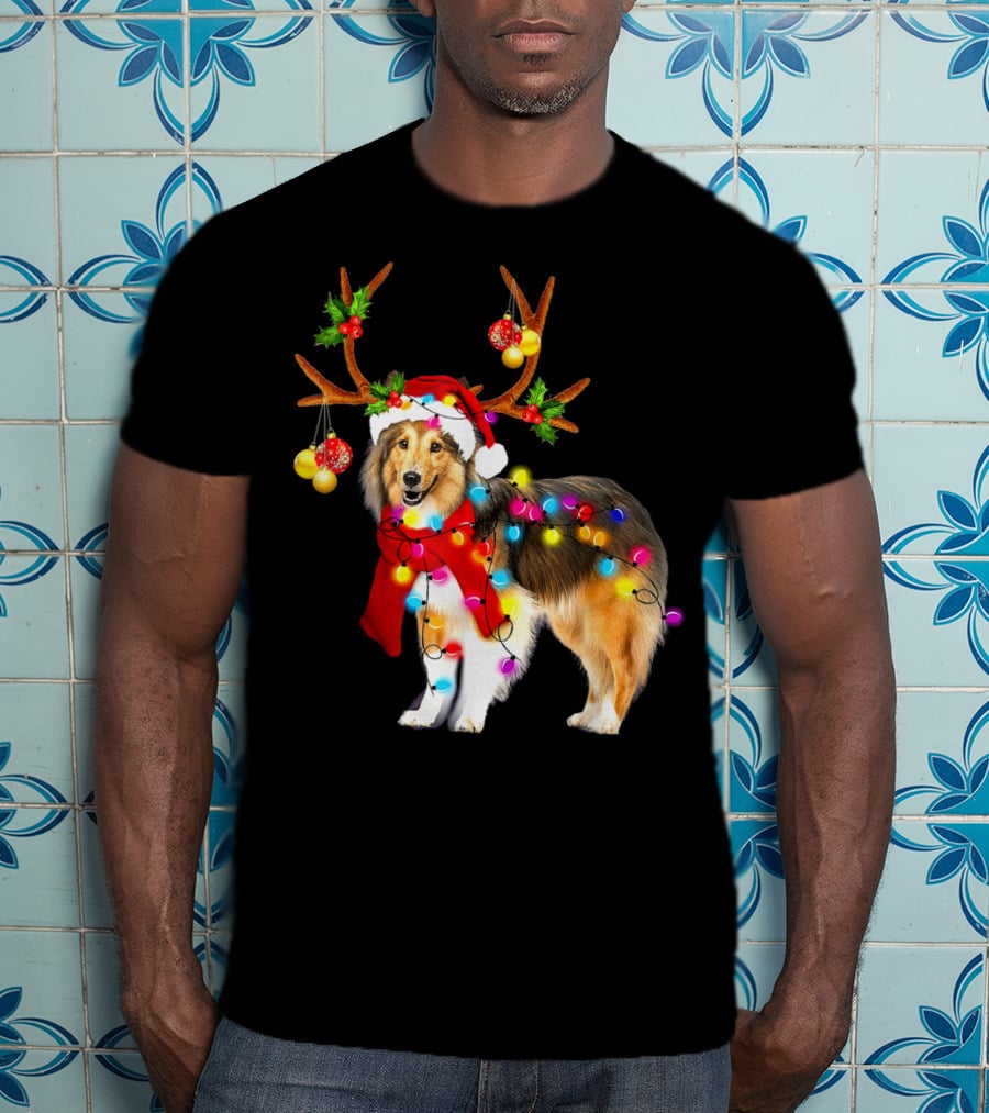 Christmas Sheltie Dog In Santa Hat With Reindeer Antlers And Colorful String Lights T-Shirt