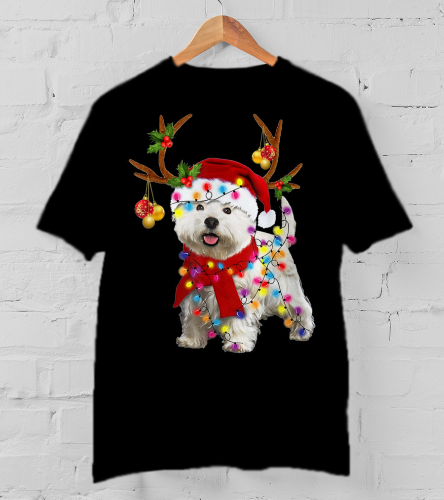 Santa Westie Dog Reindeer Lights Holiday T-Shirt