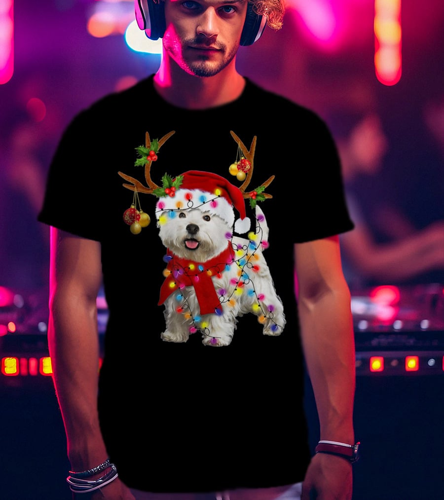 Santa Westie Dog Reindeer Lights Holiday T-Shirt