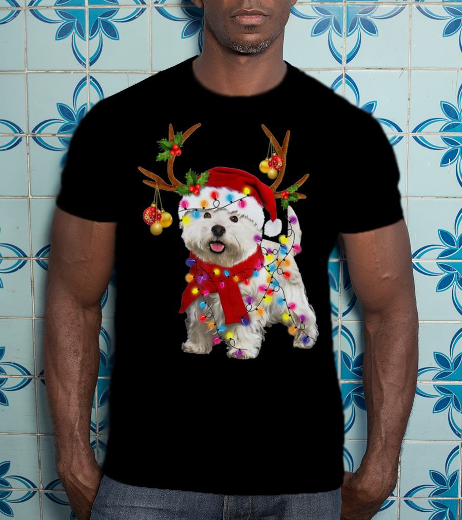Santa Westie Dog Reindeer Lights Holiday T-Shirt
