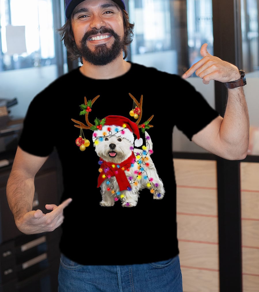 Santa Westie Dog Reindeer Lights Holiday T-Shirt