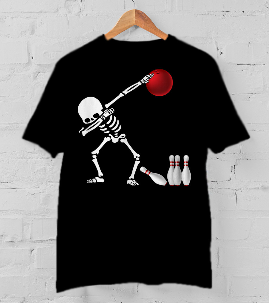Skeleton Bowler Dabbing With Red Bowling Ball And Pins Fun Bones Lover T-Shirt