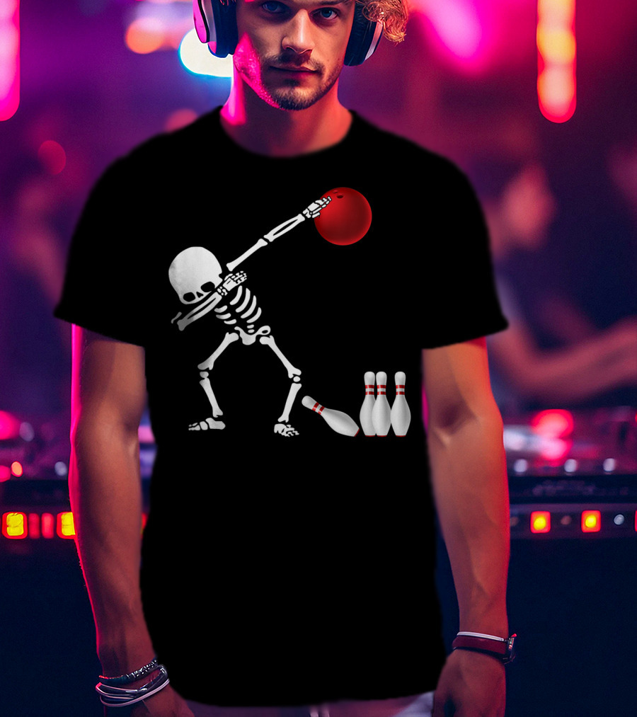 Skeleton Bowler Dabbing With Red Bowling Ball And Pins Fun Bones Lover T-Shirt