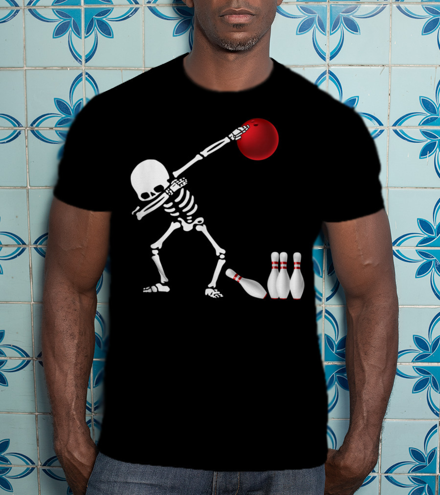 Skeleton Bowler Dabbing With Red Bowling Ball And Pins Fun Bones Lover T-Shirt