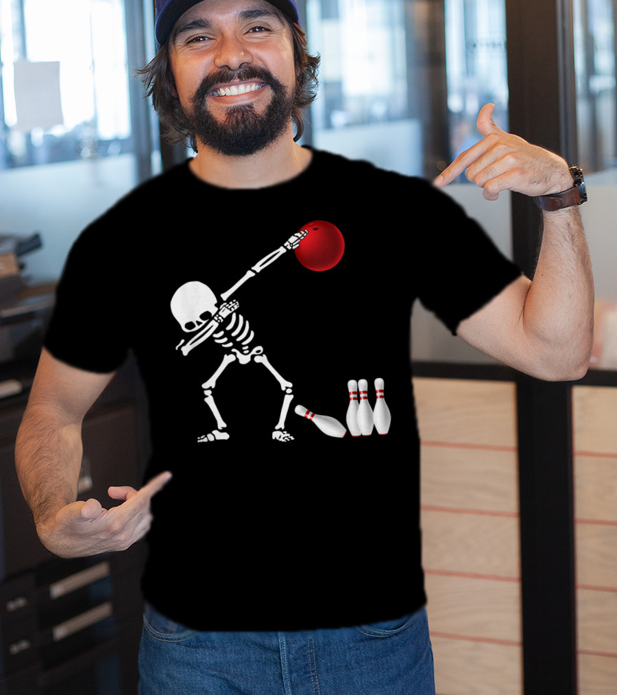Skeleton Bowler Dabbing With Red Bowling Ball And Pins Fun Bones Lover T-Shirt