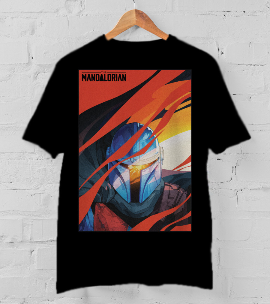 Star Wars The Mandalorian Helmet With Red And Orange Abstract Waves T-Shirt