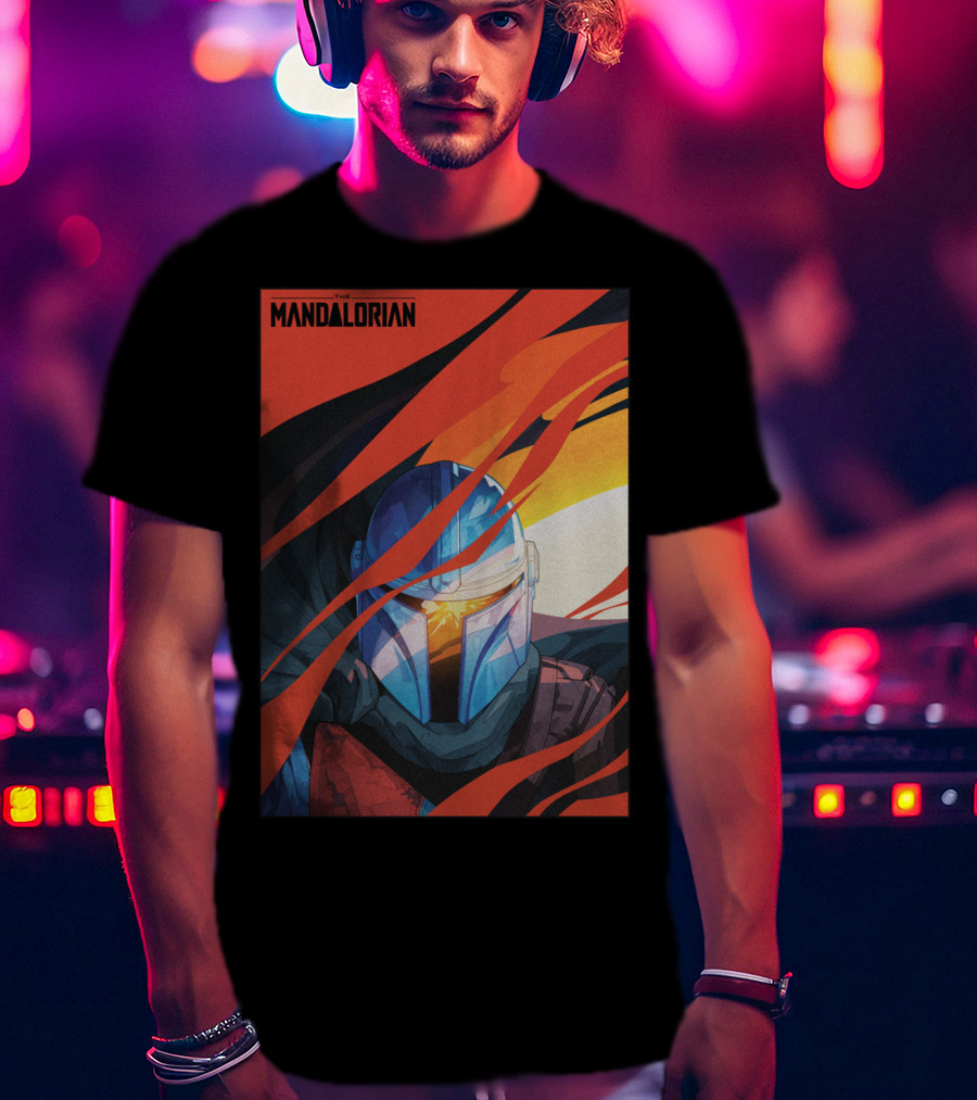 Star Wars The Mandalorian Helmet With Red And Orange Abstract Waves T-Shirt