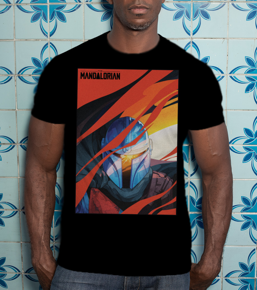 Star Wars The Mandalorian Helmet With Red And Orange Abstract Waves T-Shirt