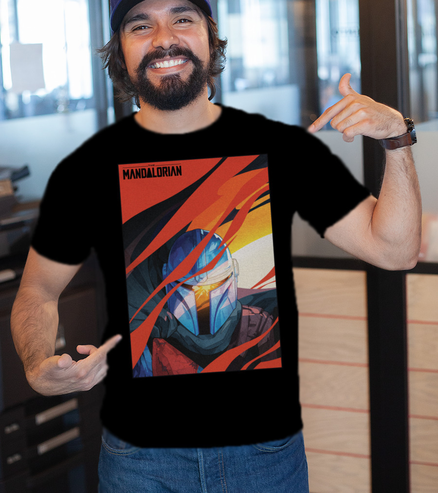 Star Wars The Mandalorian Helmet With Red And Orange Abstract Waves T-Shirt
