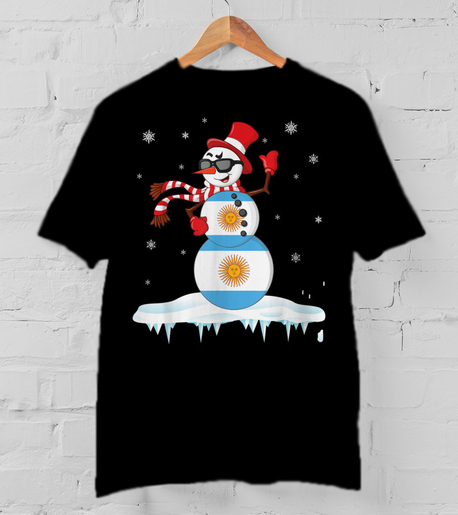 Argentinian Flag Snowman Dancing In Sunglasses Merry Winter T-Shirt