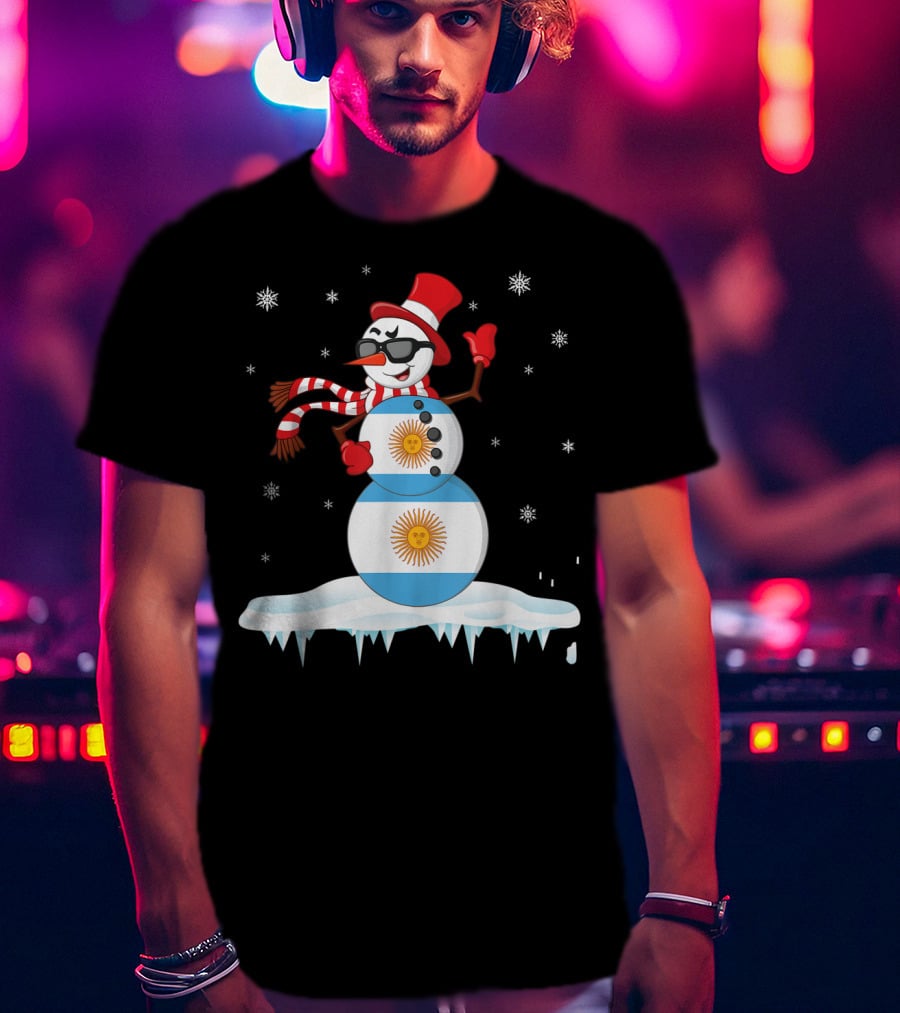 Argentinian Flag Snowman Dancing In Sunglasses Merry Winter T-Shirt