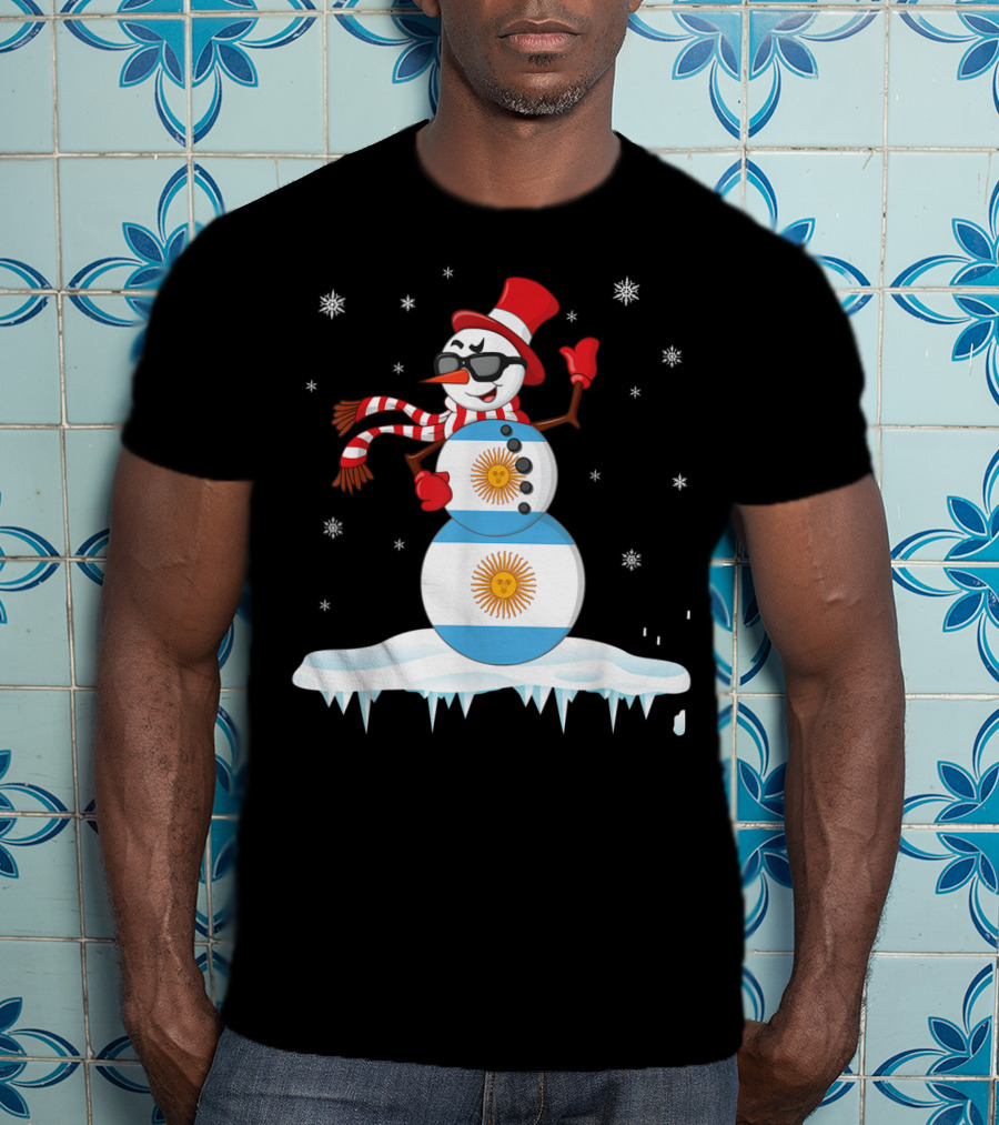 Argentinian Flag Snowman Dancing In Sunglasses Merry Winter T-Shirt