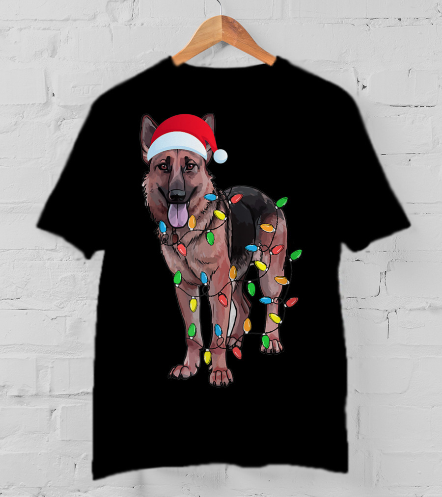 Christmas German Shepherd Dog Santa Hat Wrapped In Lights T-Shirt