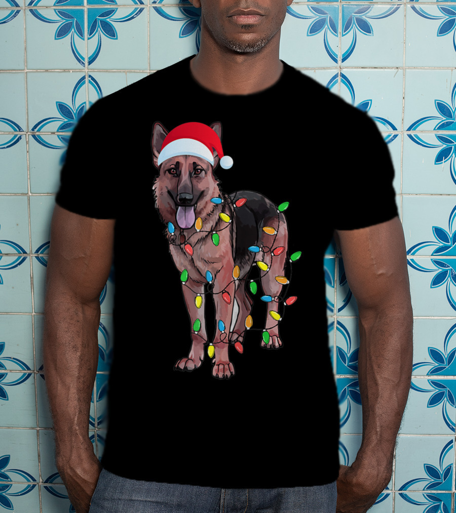 Christmas German Shepherd Dog Santa Hat Wrapped In Lights T-Shirt