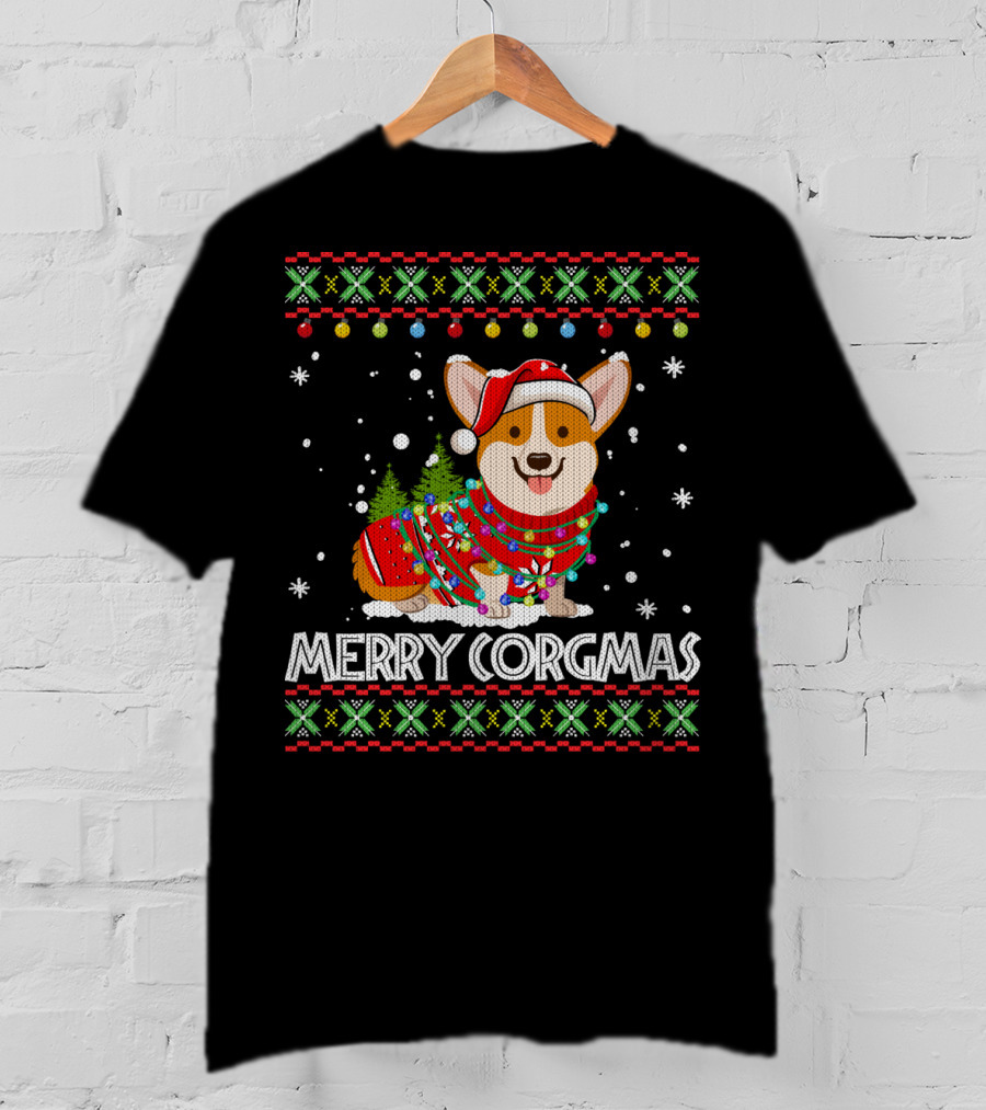 Merry Corgmas Corgi Dog Santa Hat Christmas Tree Lights Sweater Snowflakes T-Shirt