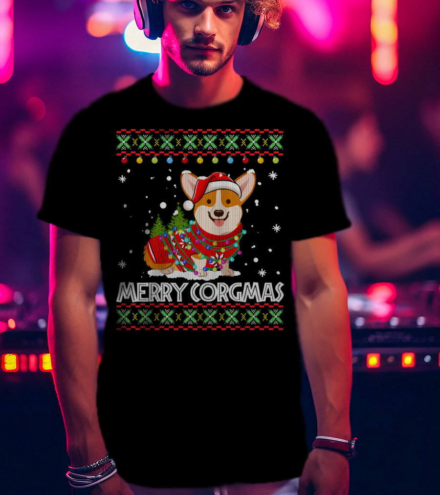 Merry Corgmas Corgi Dog Santa Hat Christmas Tree Lights Sweater Snowflakes T-Shirt