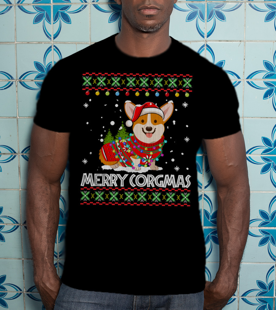 Merry Corgmas Corgi Dog Santa Hat Christmas Tree Lights Sweater Snowflakes T-Shirt