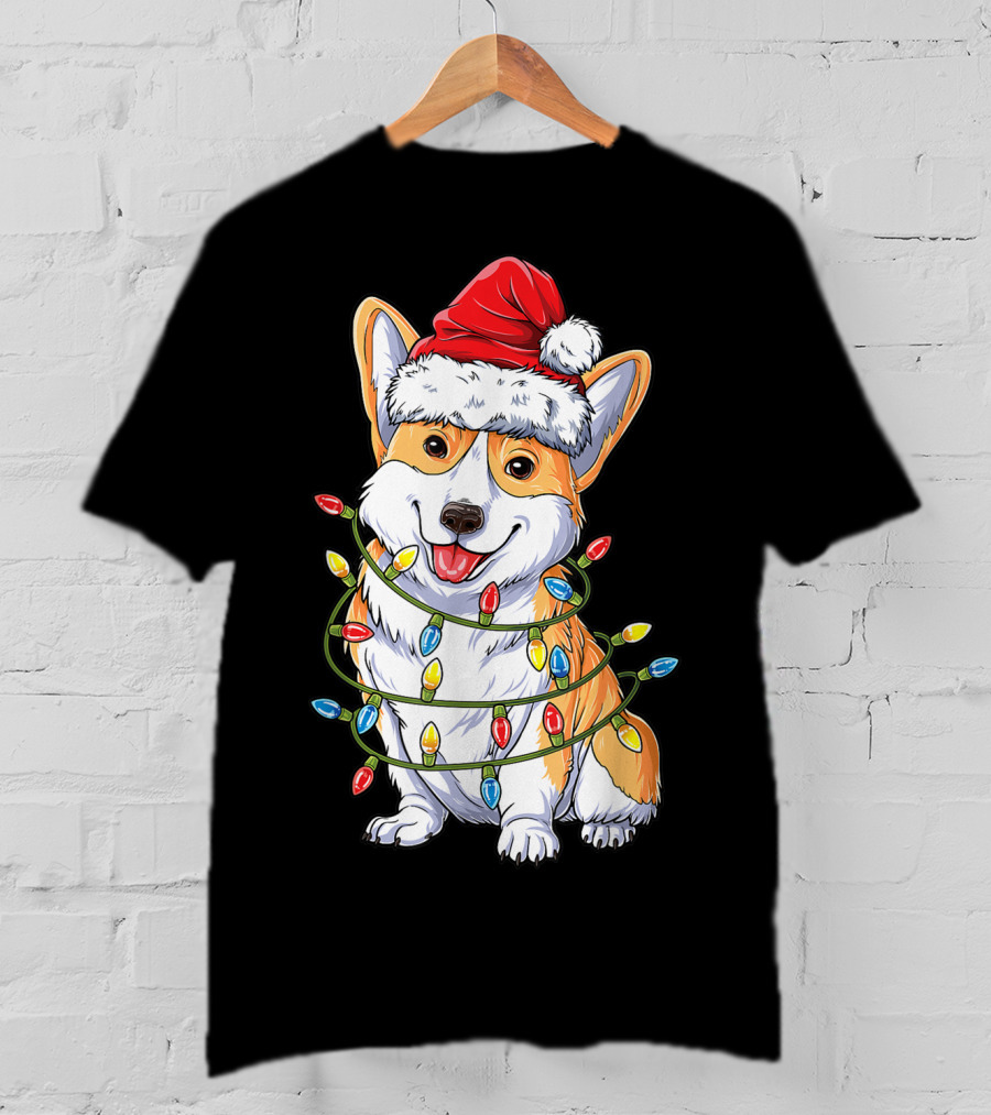 Corgi Santa Hat Wrapped In Christmas Tree Lights T-Shirt