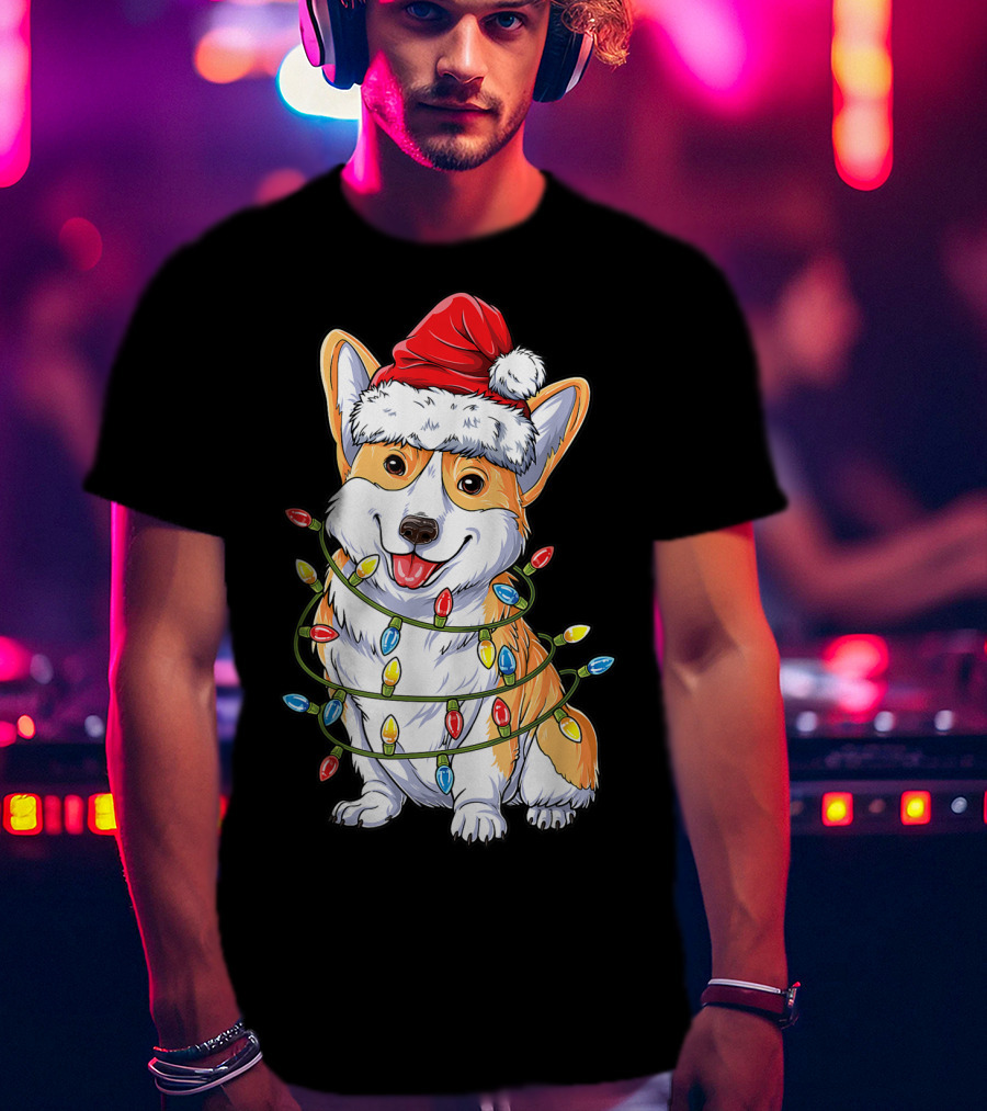 Corgi Santa Hat Wrapped In Christmas Tree Lights T-Shirt