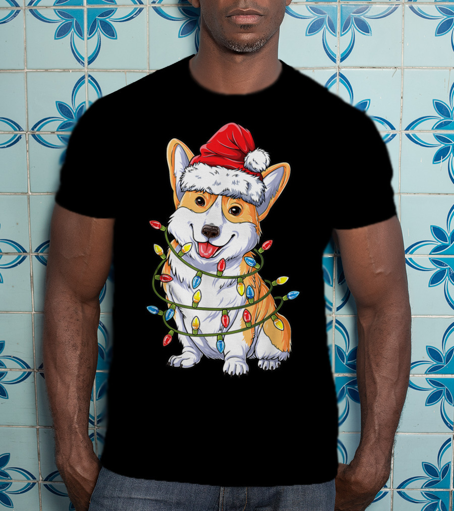 Corgi Santa Hat Wrapped In Christmas Tree Lights T-Shirt