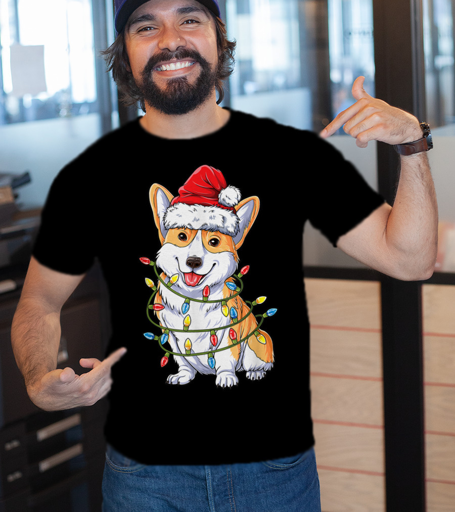 Corgi Santa Hat Wrapped In Christmas Tree Lights T-Shirt