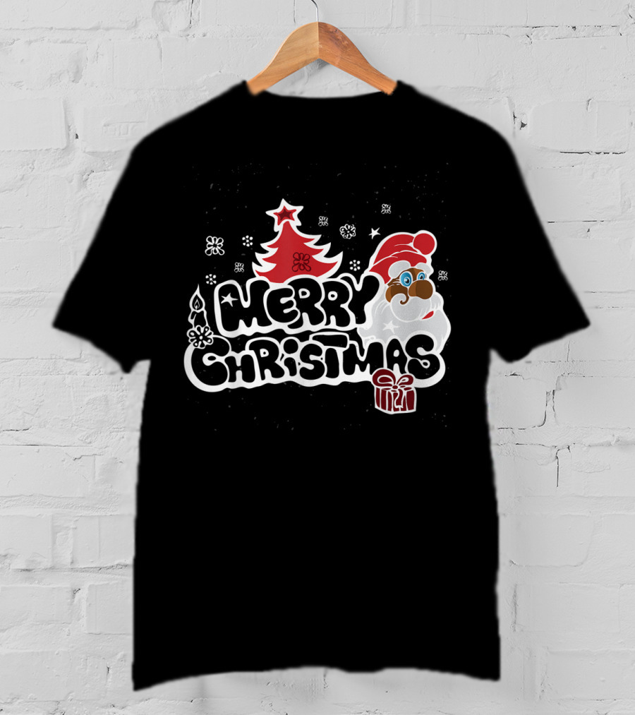 Merry Christmas Santa Red Tree Gift Black Holiday T-Shirt