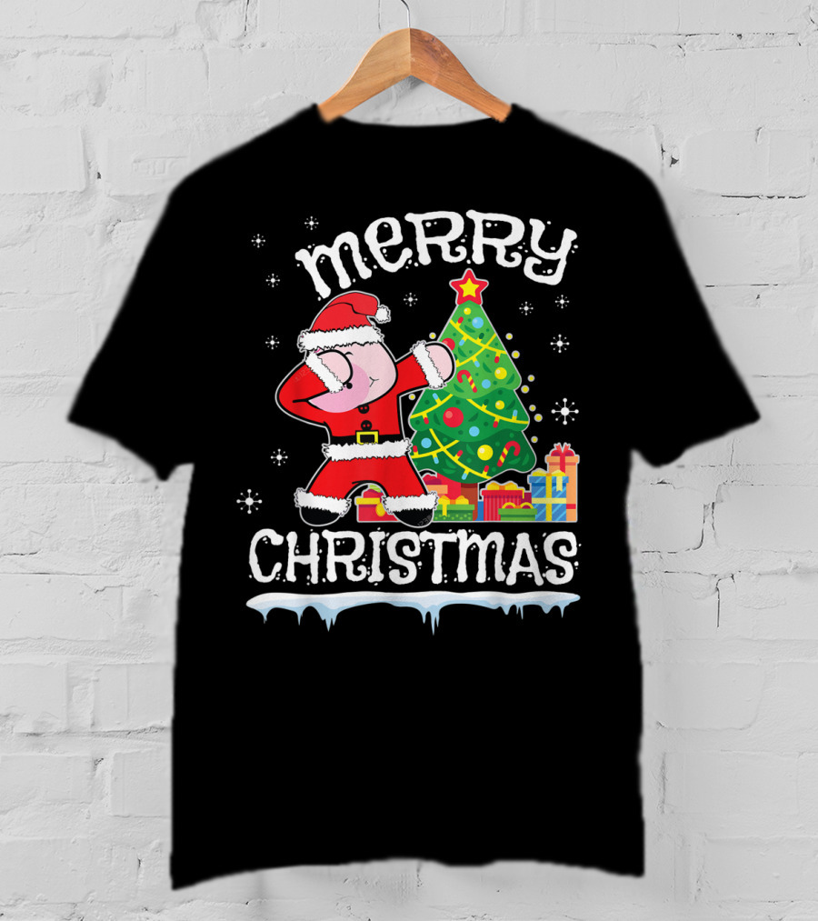 Merry Christmas Pig Dabbing By Noel Presents Tree Snow T-Shirt