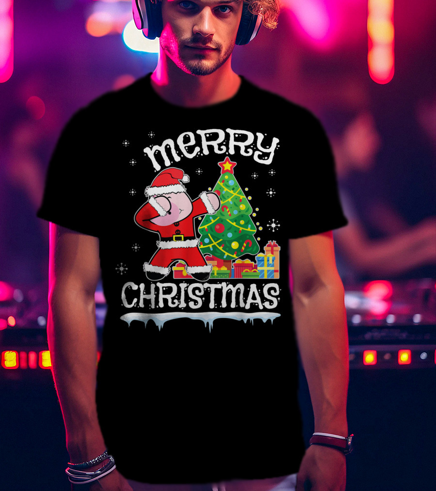 Merry Christmas Pig Dabbing By Noel Presents Tree Snow T-Shirt