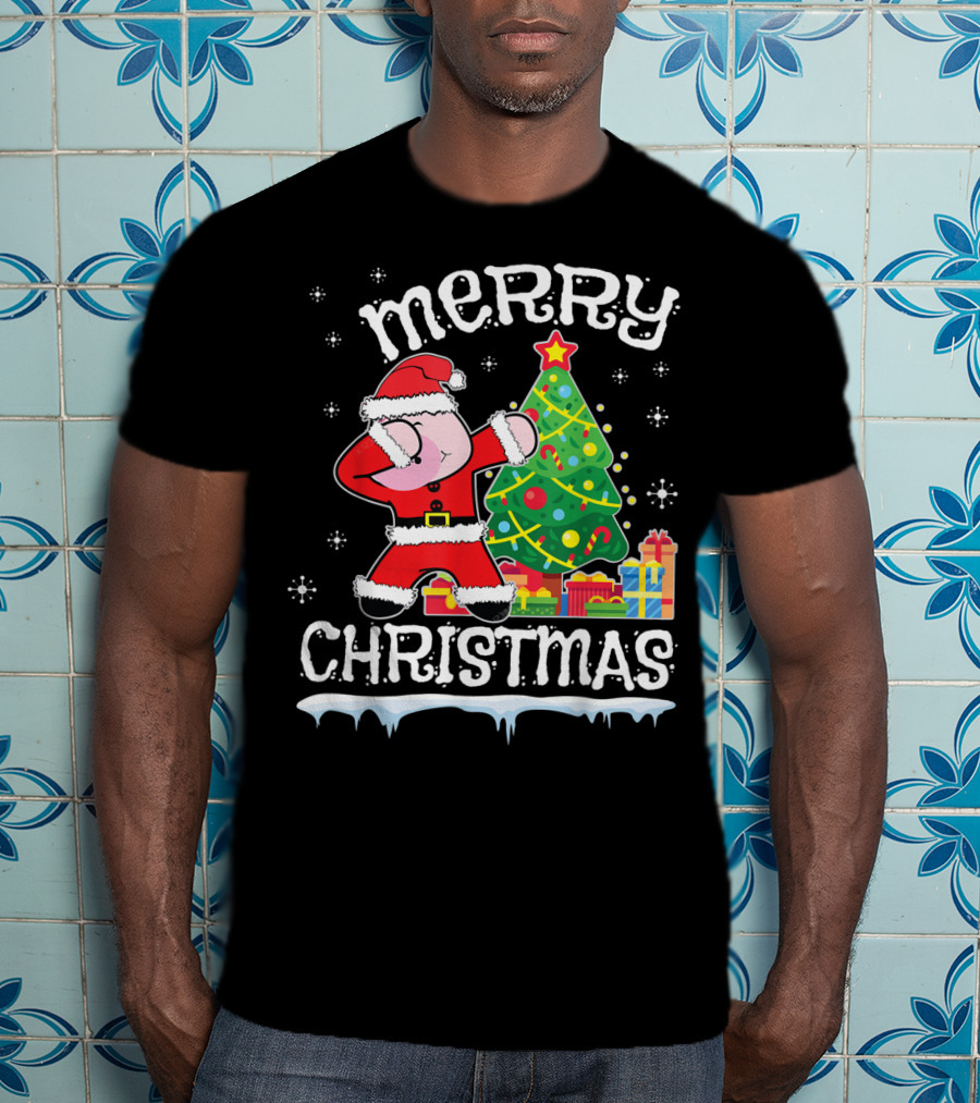 Merry Christmas Pig Dabbing By Noel Presents Tree Snow T-Shirt