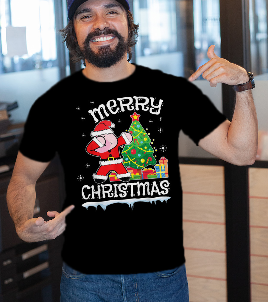 Merry Christmas Pig Dabbing By Noel Presents Tree Snow T-Shirt