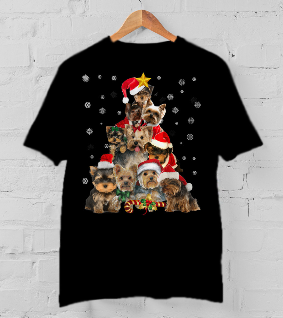 Yorkie Christmas Tree With Santa Hats And Candy Canes T-Shirt