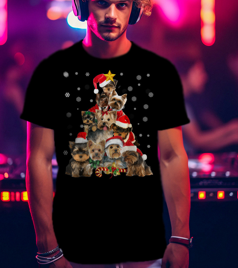 Yorkie Christmas Tree With Santa Hats And Candy Canes T-Shirt