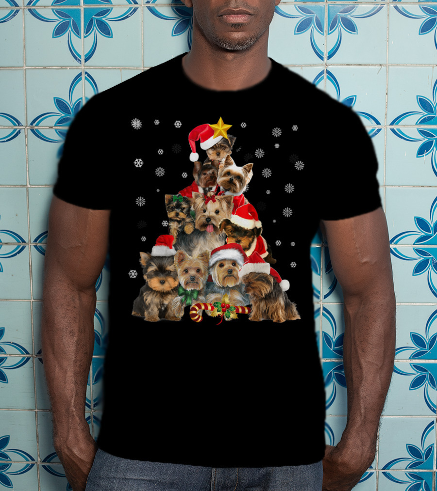 Yorkie Christmas Tree With Santa Hats And Candy Canes T-Shirt