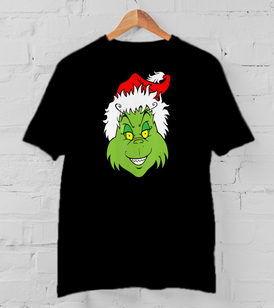 Christmas Grinch Face With Santa Hat T-Shirt