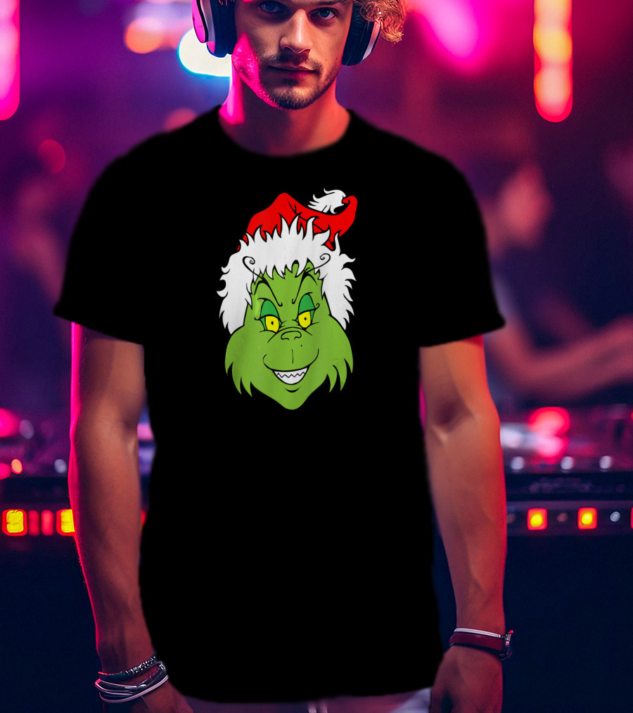 Christmas Grinch Face With Santa Hat T-Shirt