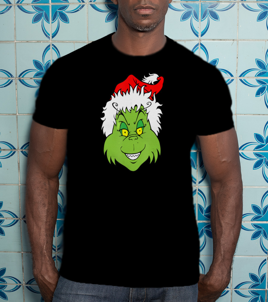 Christmas Grinch Face With Santa Hat T-Shirt