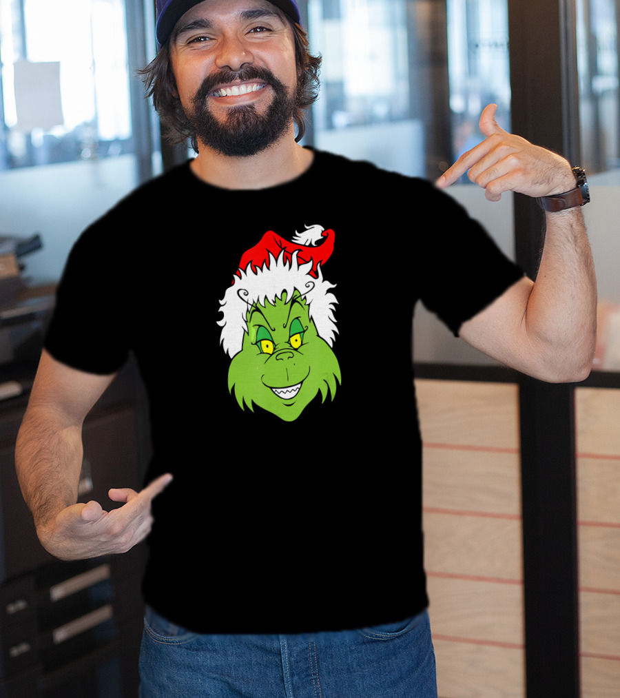 Christmas Grinch Face With Santa Hat T-Shirt