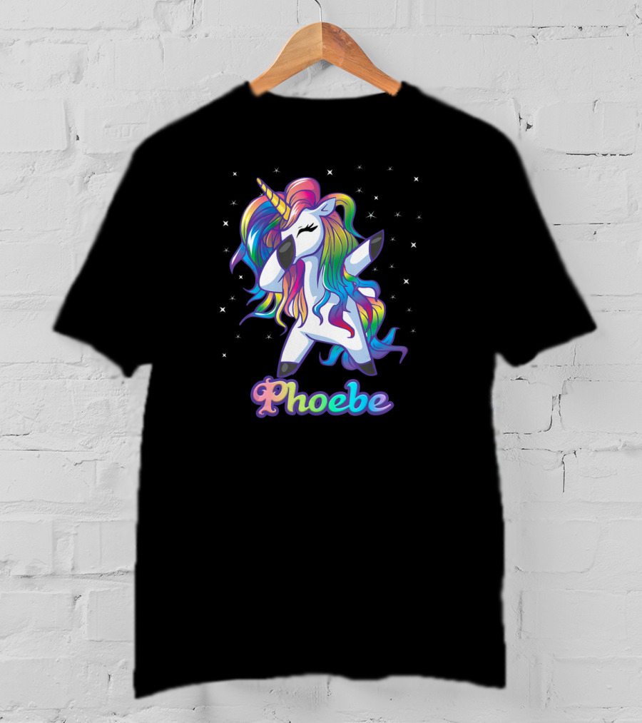 Phoebe Name Personalized Rainbow Unicorn Dabbing Stars T-Shirt