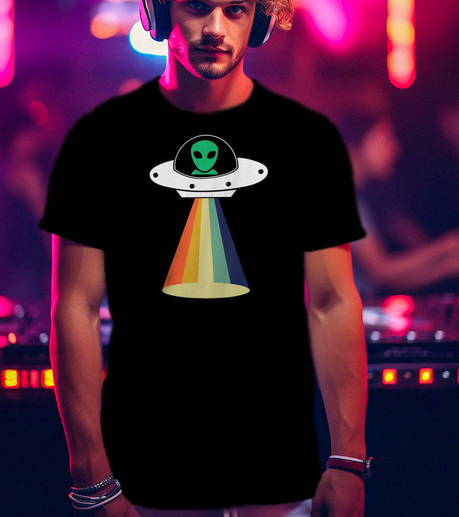 Rainbow Beam UFO Alien Christmas Outerspace Visitor T-Shirt