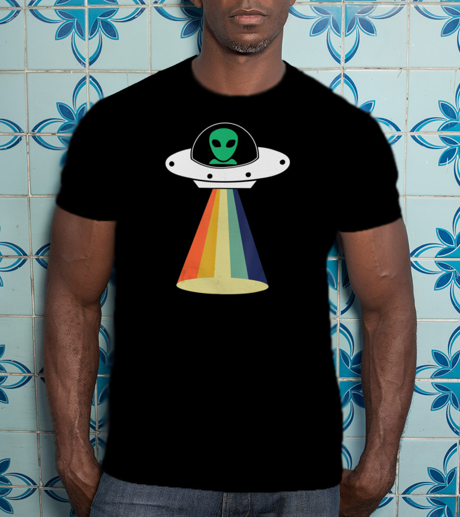 Rainbow Beam UFO Alien Christmas Outerspace Visitor T-Shirt