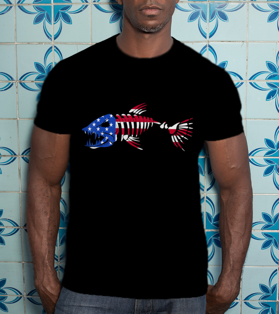 Patriotic Fish Skeleton With American Flag Colors T-Shirt