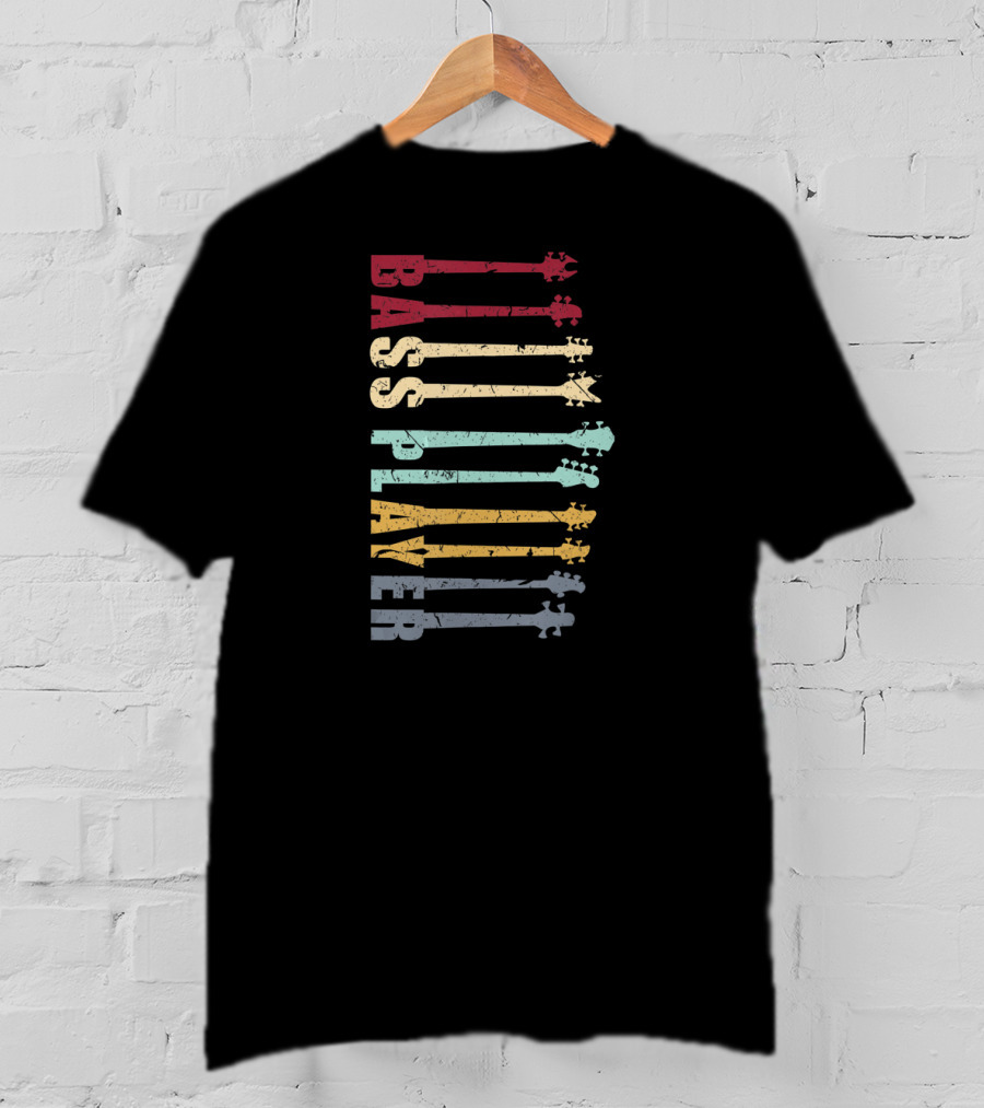 Funny BASS PLAYER Neck Vintage Colorful Guitar Heads T-Shirt
