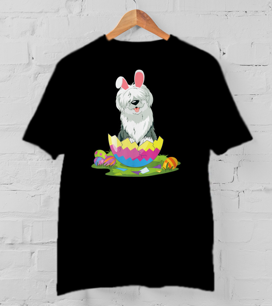 Old English Sheepdog Bunny Ears Easter Egg Scene T-Shirt